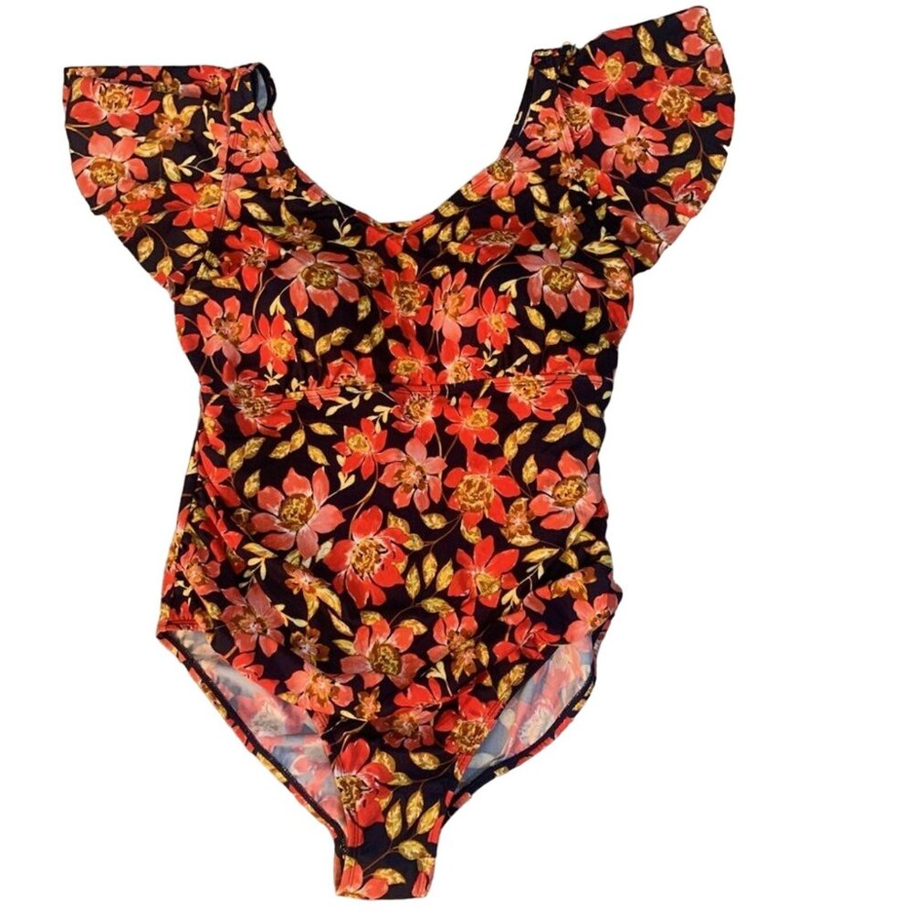 NEW DENIM &‎ CO. BEACH FLORAL V-NECK RUFFLE SLEEVE ONE PIECE SWIMSUIT 16